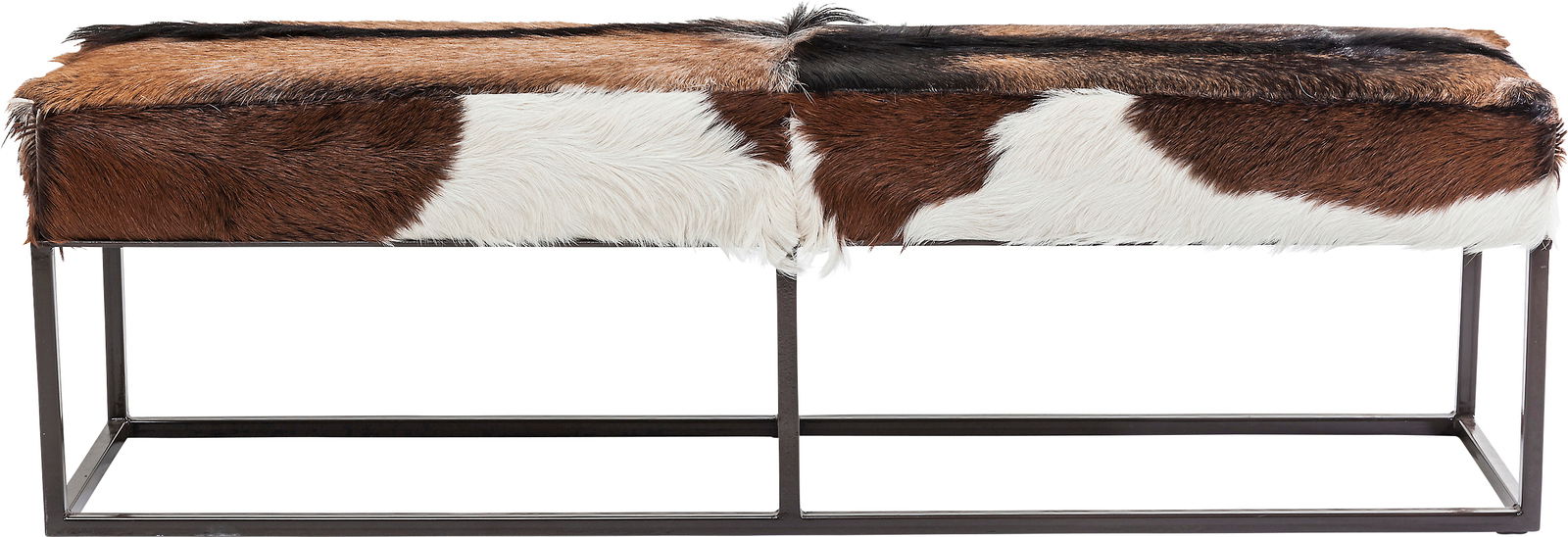 Bank mit Kuhfellbezug und Metallrahmen, seitliche Perspektive