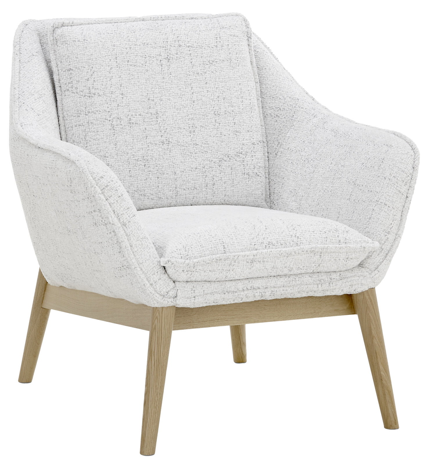 Moderner Sessel mit hellgrauem Stoffbezug und Holzbeinen, seitliche Perspektive