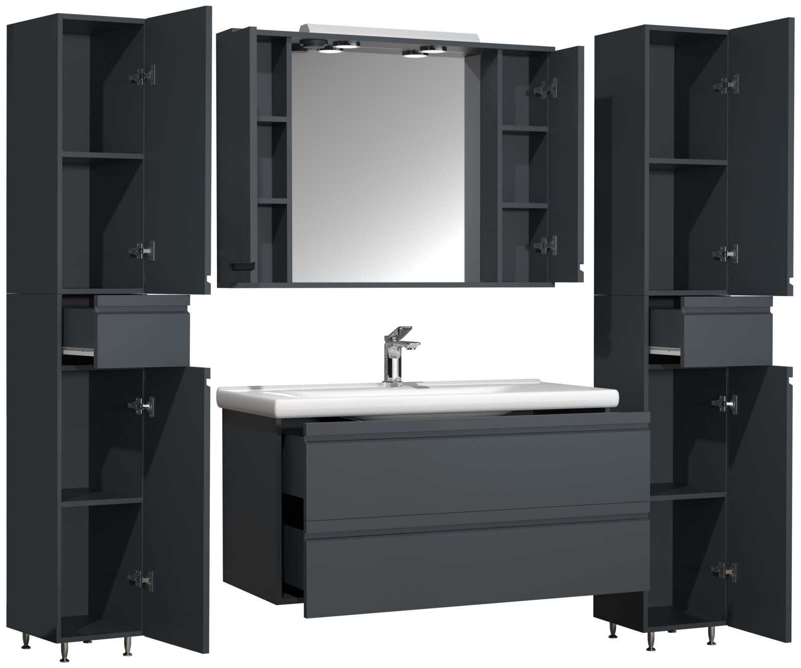 Modernes Badmöbel-Set in Anthrazit mit Waschtisch, großem Spiegelschrank mit Beleuchtung und zwei Hochschränken, Türen und Schubladen geöffnet, Frontansicht.