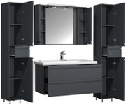 Modernes Badmöbel-Set in Anthrazit mit Waschtisch, großem Spiegelschrank mit Beleuchtung und zwei Hochschränken, Türen und Schubladen geöffnet, Frontansicht.