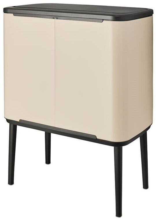 Moderner cremefarbener Abfalleimer mit schwarzen Beinen, seitliche Perspektive
