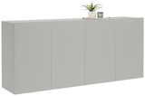 Hängesideboard in moderner, minimalistischer Optik, seitliche Perspektive, mit Dekoration obenauf