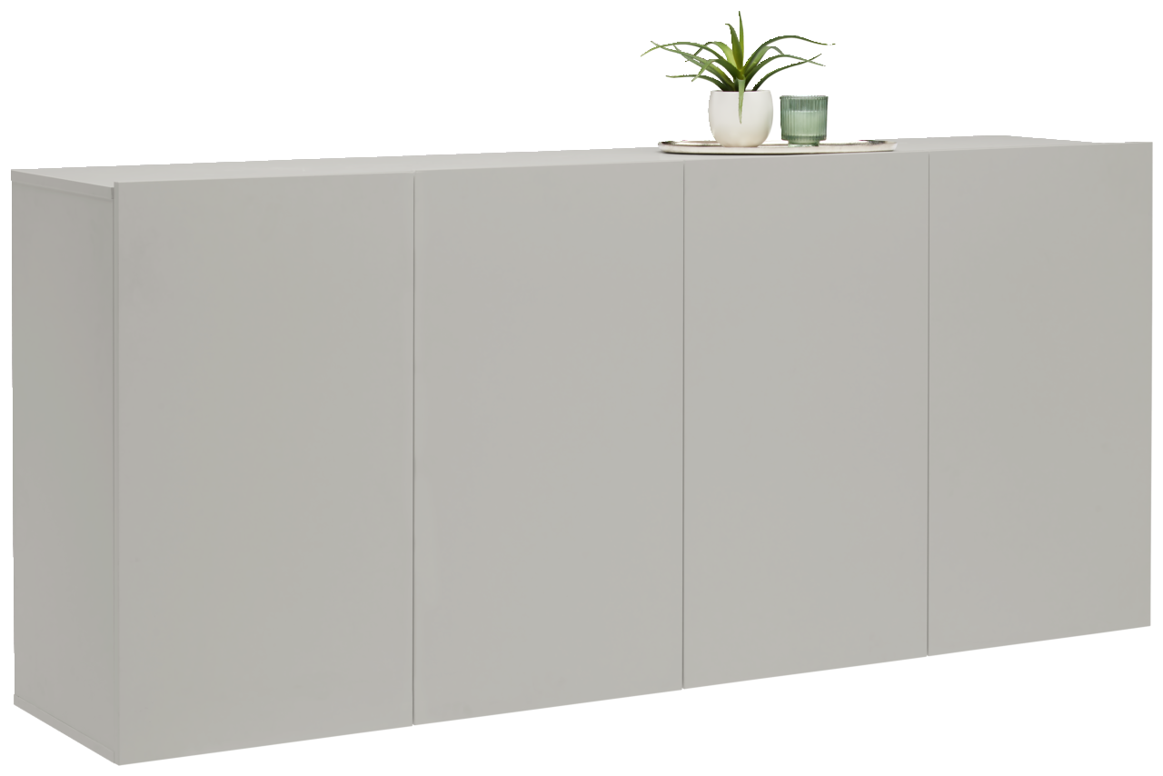Hängesideboard in moderner, minimalistischer Optik, seitliche Perspektive, mit Dekoration obenauf