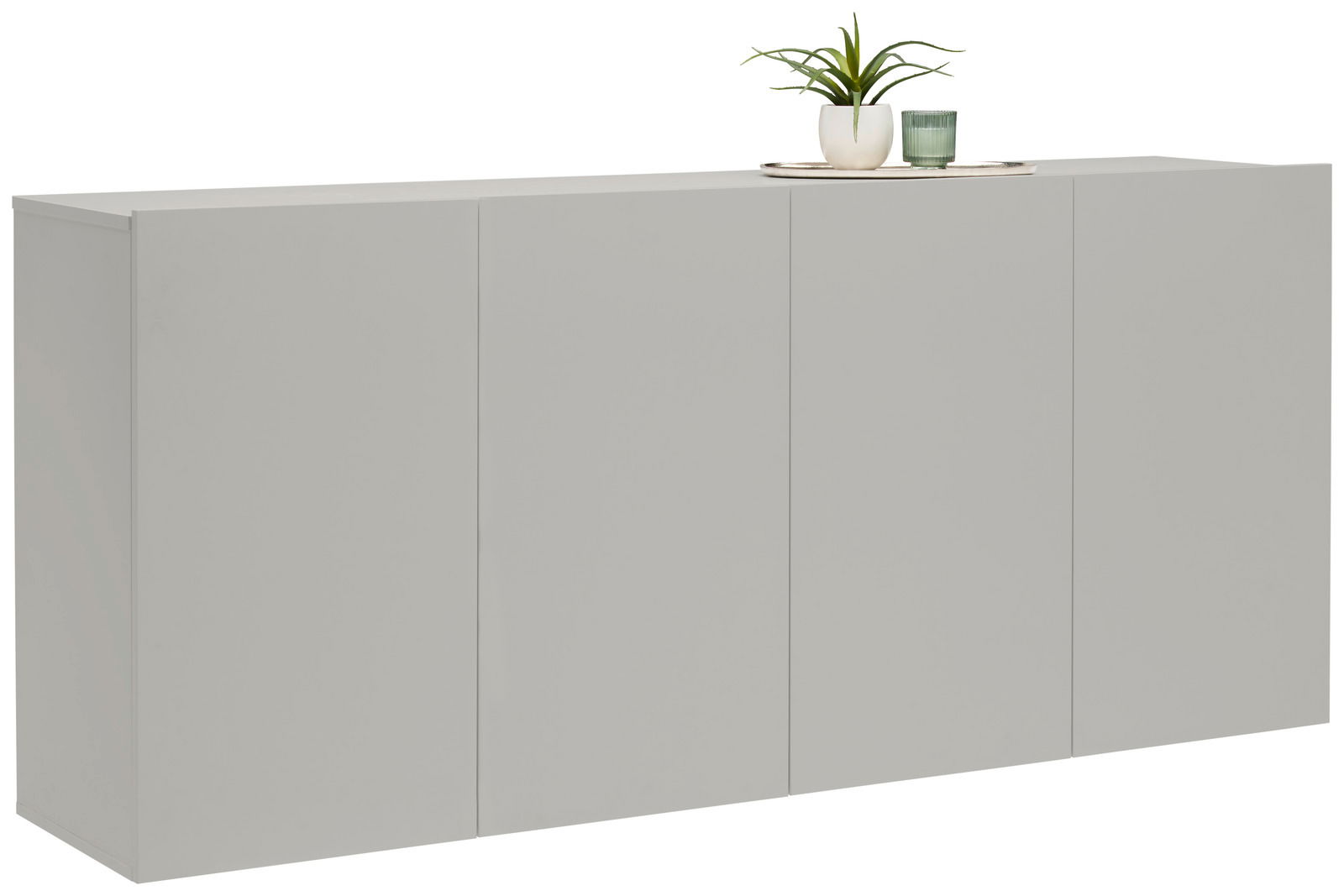 Hängesideboard in moderner, minimalistischer Optik, seitliche Perspektive, mit Dekoration obenauf