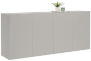 Hangend dressoir in een moderne, minimalistische stijl, gezien vanaf de zijkant, met decoratie bovenop