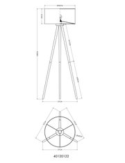 Technische Maßzeichnung einer dreibeinigen Stehleuchte mit zylindrischem Lampenschirm (Ø 50 cm, Schirmhöhe 25 cm), Gesamthöhe 148 cm und Standbreite 57 cm, dargestellt in Seitenansicht sowie Draufsicht.