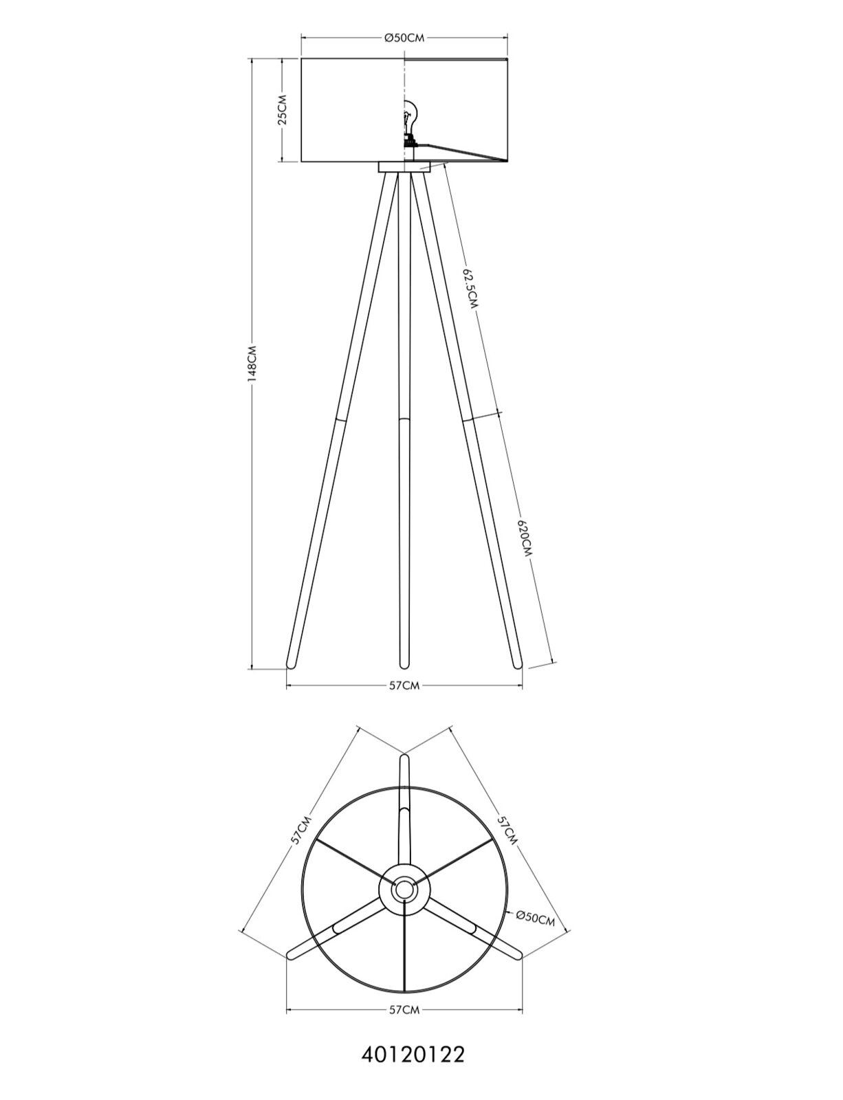 Technische Maßzeichnung einer dreibeinigen Stehleuchte mit zylindrischem Lampenschirm (Ø 50 cm, Schirmhöhe 25 cm), Gesamthöhe 148 cm und Standbreite 57 cm, dargestellt in Seitenansicht sowie Draufsicht.