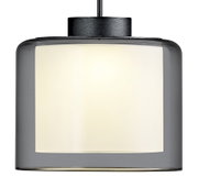 Moderne LED-Pendelleuchte KLARA mit zylindrischem, grauem Schirm, seitliche Perspektive