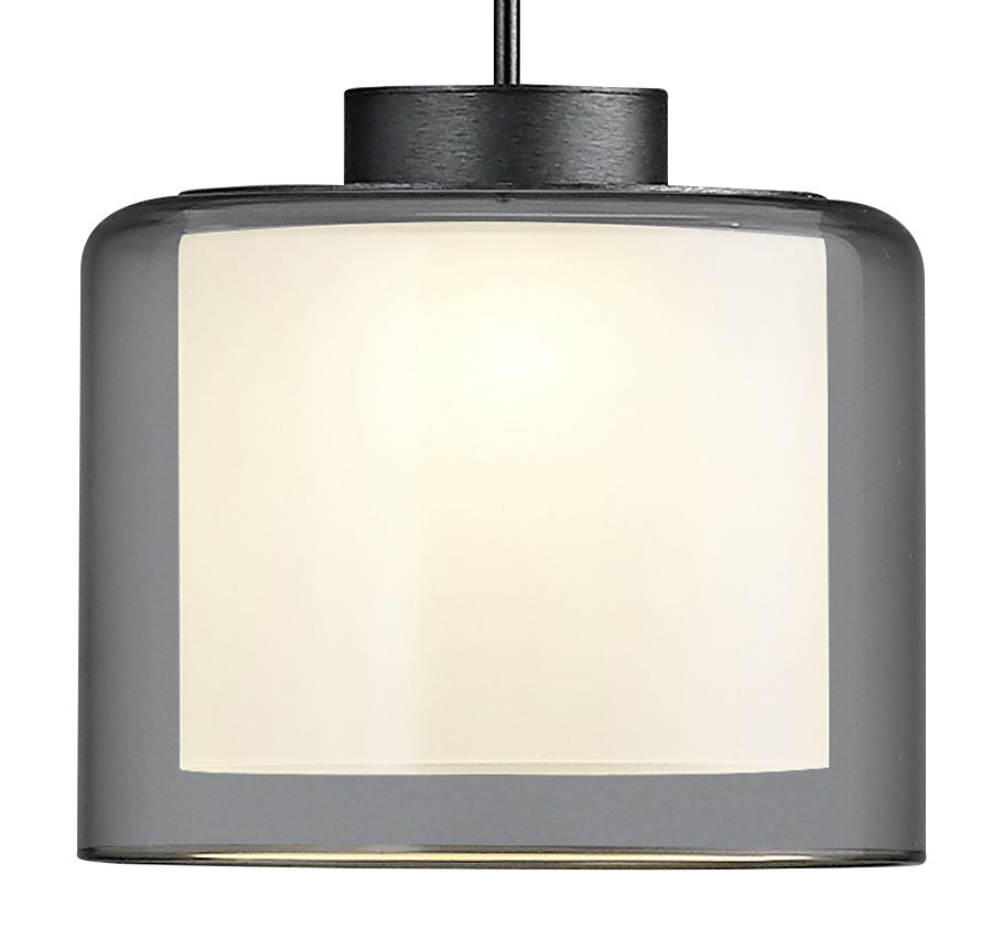 Hell LED-Pendelleuchte KLARA Moderne LED-Pendelleuchte KLARA mit zylindrischem, grauem Schirm, seitliche Perspektive