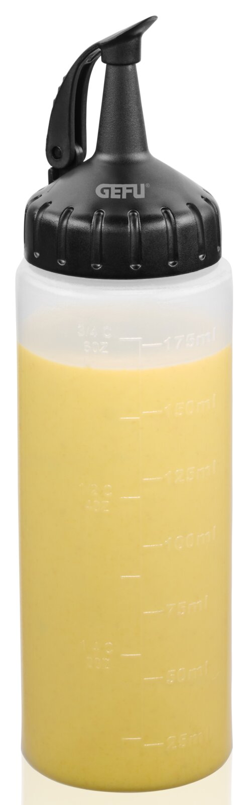 Dosierflasche 175 ml mit schwarzem Deckel und Skala, gefüllt mit gelber Flüssigkeit, aus der Vorderansicht