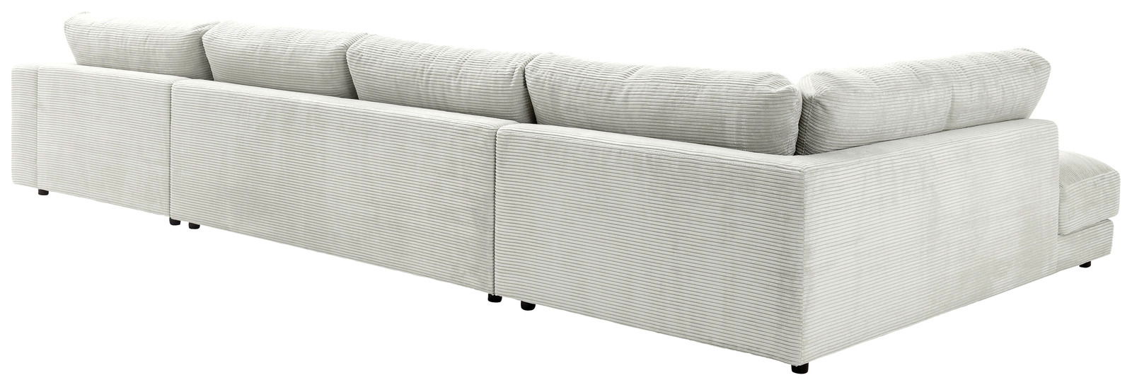 Rückansicht eines großen, hellgrauen Ecksofas mit geripptem Stoffbezug und mehreren Rückenkissen.