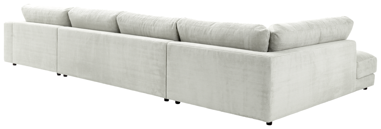 Rückansicht eines großen, hellgrauen Ecksofas mit geripptem Stoffbezug und mehreren Rückenkissen.