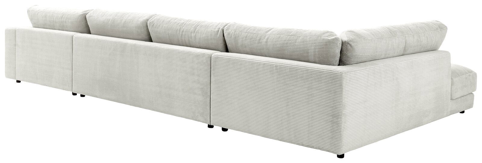 Rückansicht eines großen, hellgrauen Ecksofas mit geripptem Stoffbezug und mehreren Rückenkissen.