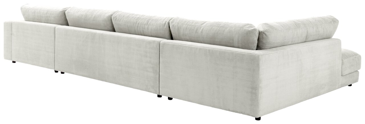 Rückansicht eines großen, hellgrauen Ecksofas mit geripptem Stoffbezug und mehreren Rückenkissen.