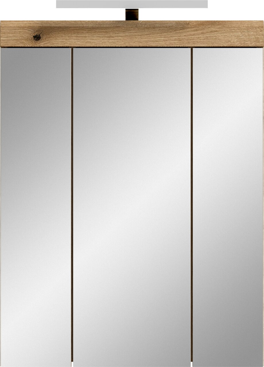 Dreiteiliger Wandspiegel mit Holzleiste in Eichenoptik und drei vertikalen Spiegelflächen, frontal von vorne aufgenommen.
