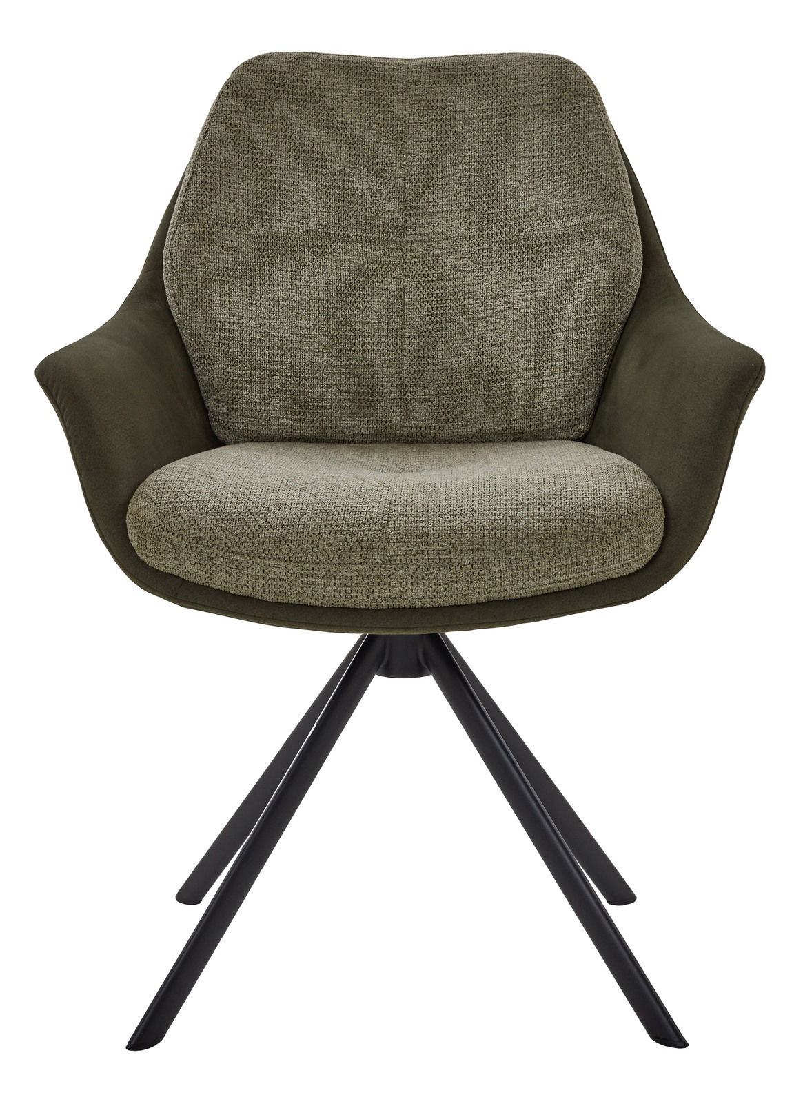 Frontansicht eines modernen Armlehnstuhls mit grünem Stoffbezug und schwarzen Metallbeinen.