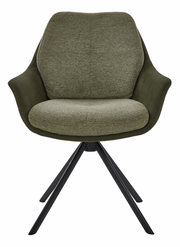 Frontansicht eines modernen Armlehnstuhls mit grünem Stoffbezug und schwarzen Metallbeinen.