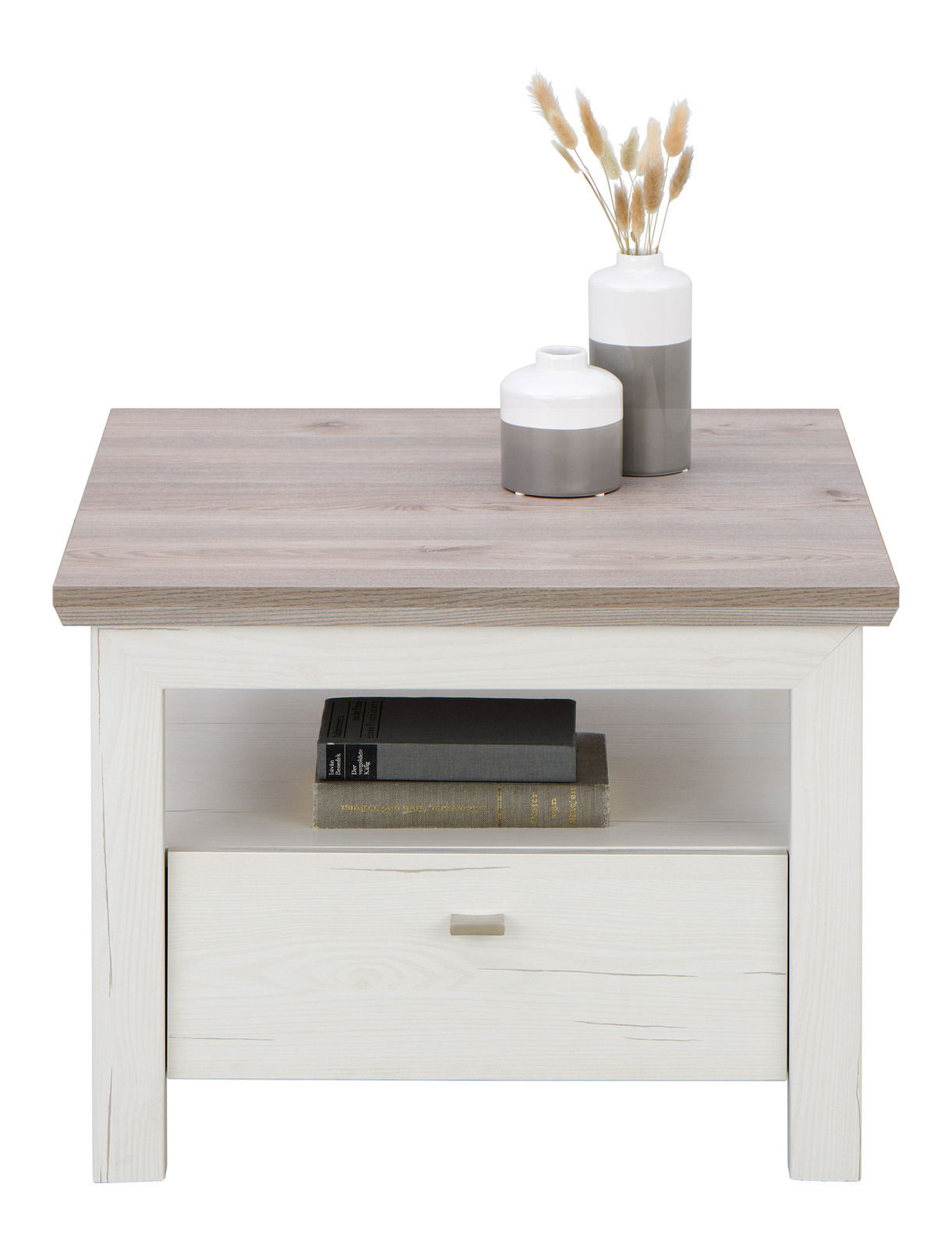 Beistelltisch CAMRON aus Holz mit einer Schublade und einem offenen Fach, darauf zwei dekorative Vasen, Frontalansicht
