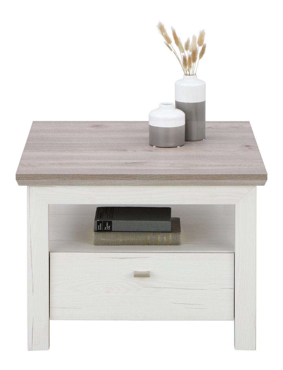 Beistelltisch CAMRON aus Holz mit einer Schublade und einem offenen Fach, darauf zwei dekorative Vasen, Frontalansicht
