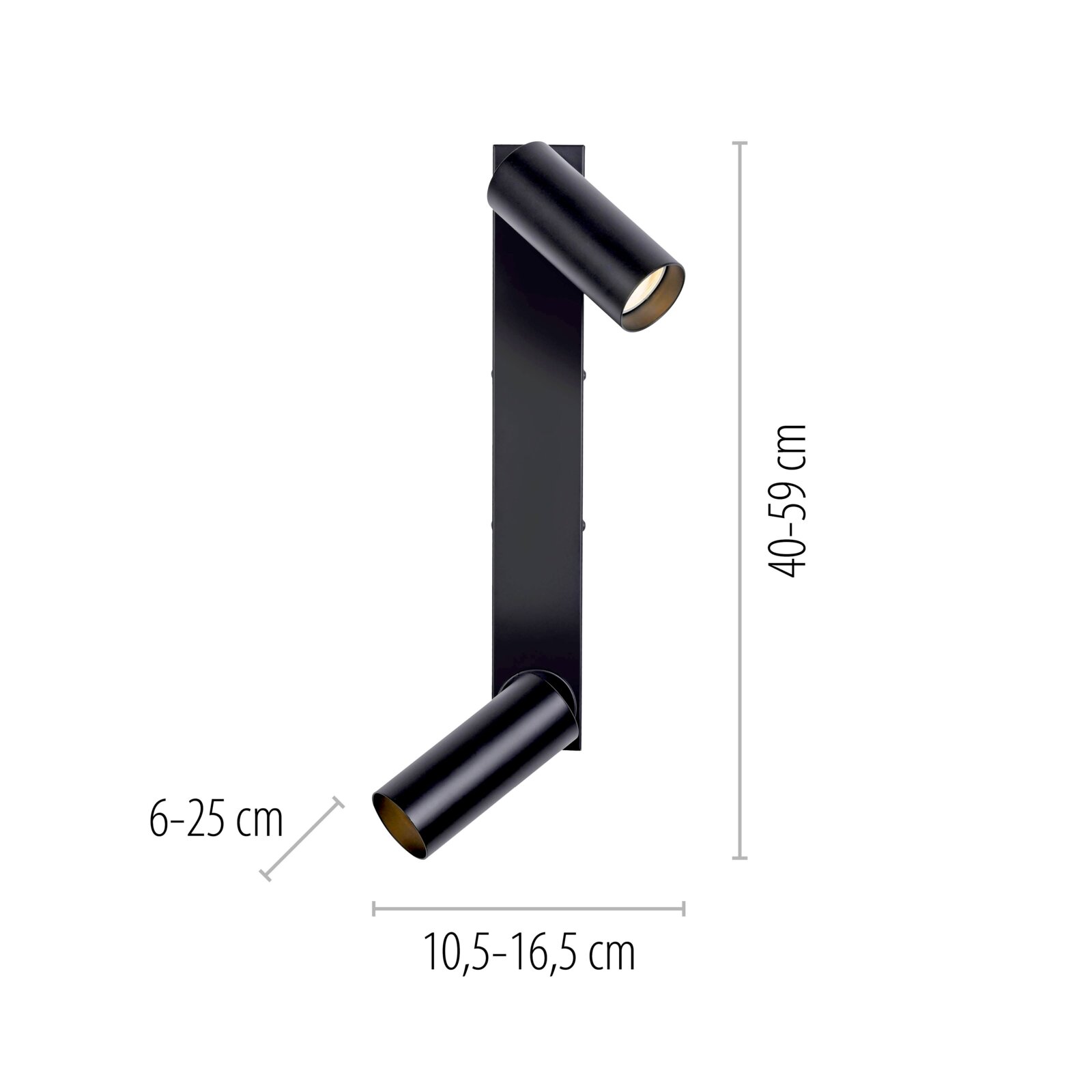 Schwarze, moderne LED-Wandleuchte mit zwei zylindrischen, verstellbaren Spotköpfen auf rechteckiger Wandhalterung; Produktansicht frontal mit leichter Seitenperspektive, Maße ca. 40–59 cm hoch und 10,5–16,5 cm Ausladung