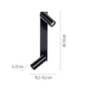Schwarze, moderne LED-Wandleuchte mit zwei zylindrischen, verstellbaren Spotköpfen auf rechteckiger Wandhalterung; Produktansicht frontal mit leichter Seitenperspektive, Maße ca. 40–59 cm hoch und 10,5–16,5 cm Ausladung