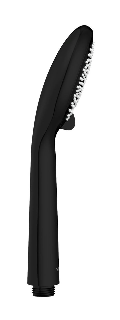 Wenko Duschkopf Ø95 Water Saving Schwarzer, wassersparender Duschkopf in seitlicher Perspektive mit weißen Düsen.