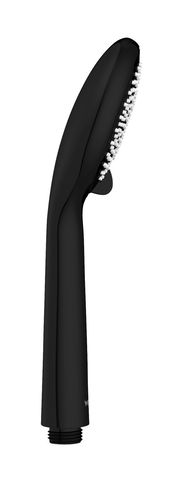 Schwarzer, wassersparender Duschkopf in seitlicher Perspektive mit weißen Düsen.