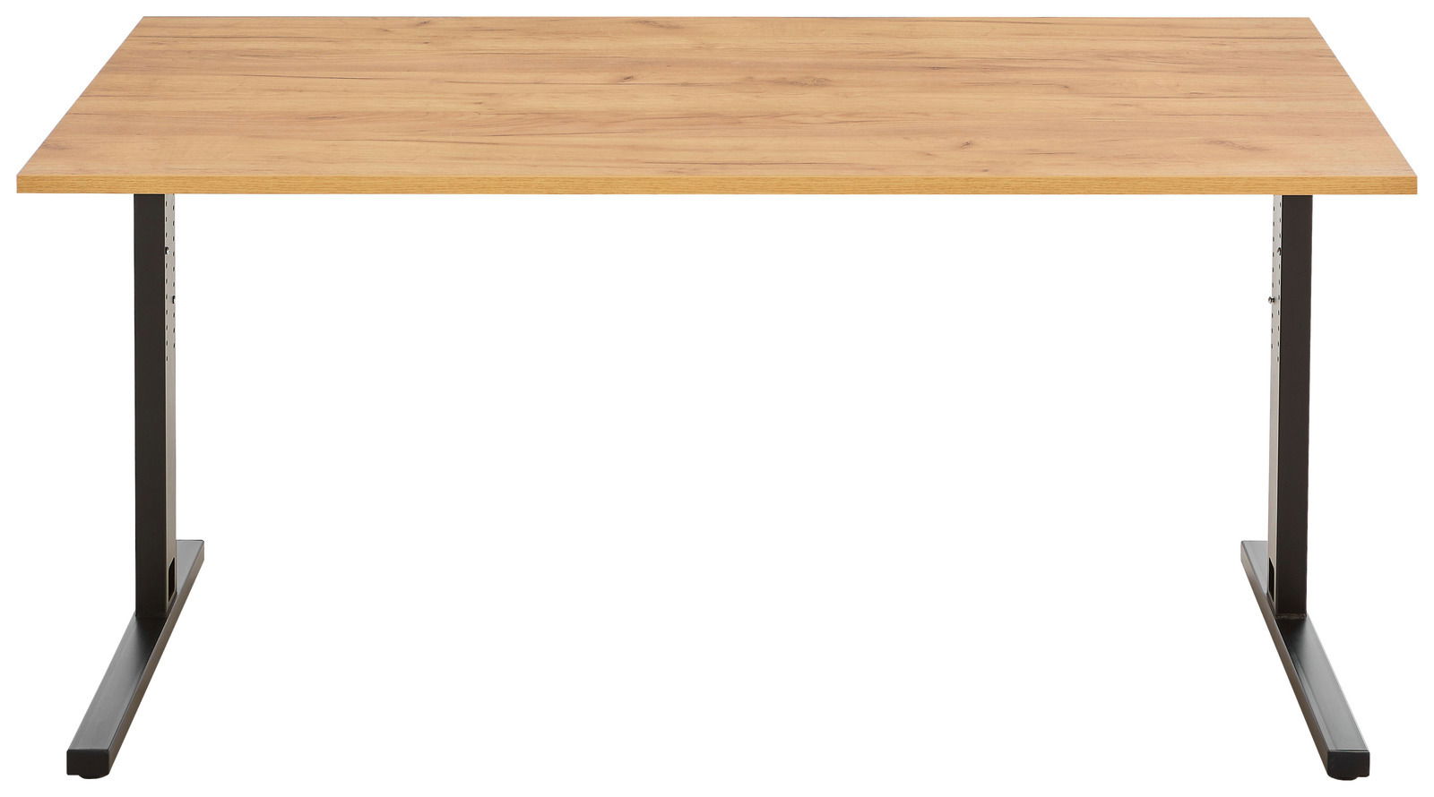 Moderner Schreibtisch mit Holzplatte und schwarzen Metallbeinen, Frontalansicht