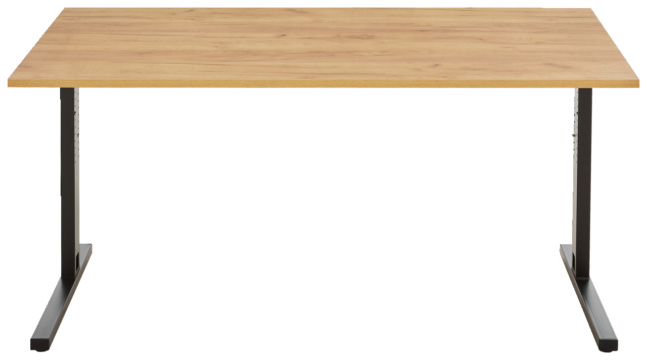 Moderner Schreibtisch mit Holzplatte und schwarzen Metallbeinen, Frontalansicht