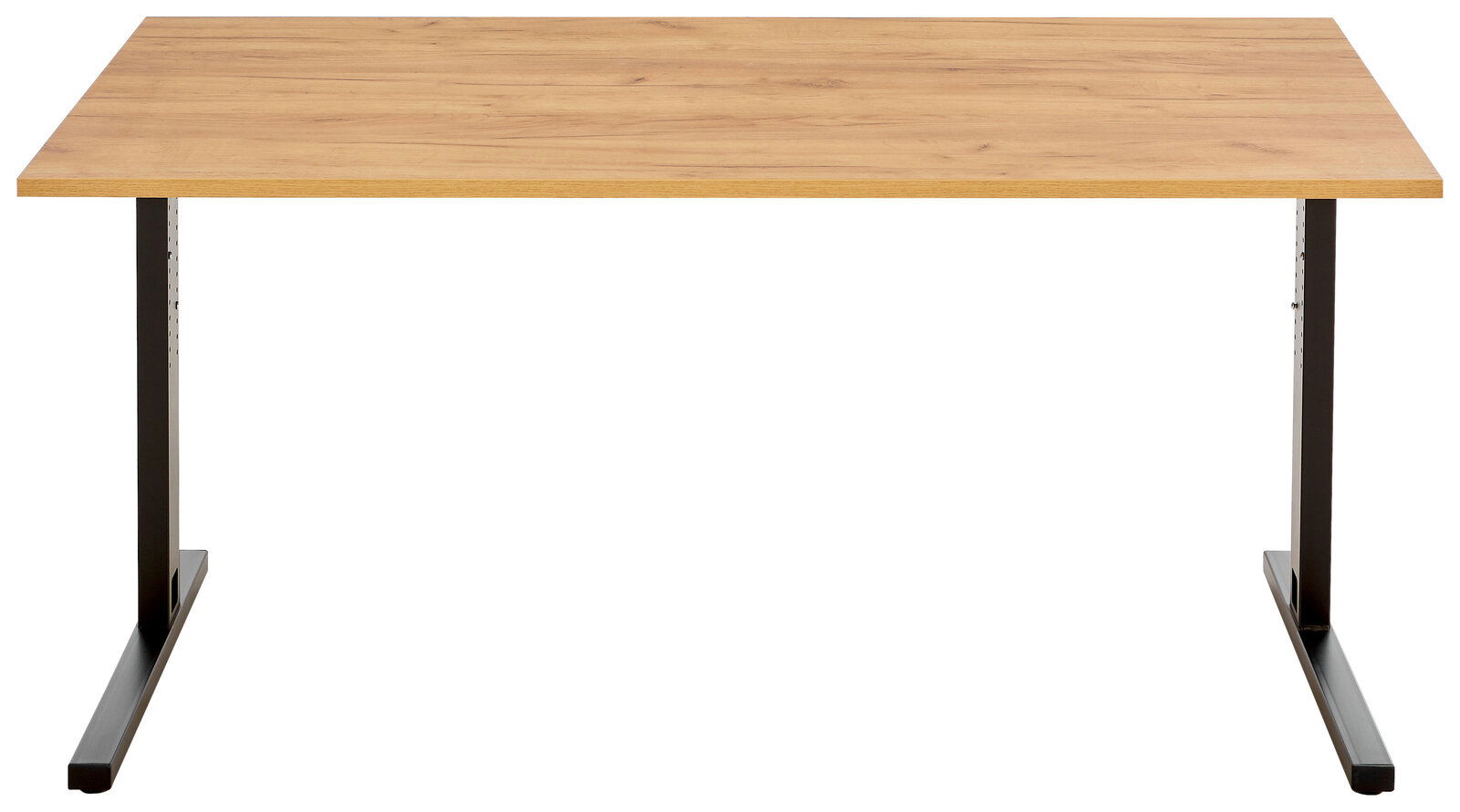 Moderner Schreibtisch mit Holzplatte und schwarzen Metallbeinen, Frontalansicht