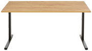 Moderner Schreibtisch mit Holzplatte und schwarzen Metallbeinen, Frontalansicht