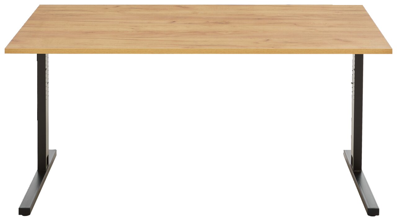 Moderner Schreibtisch mit Holzplatte und schwarzen Metallbeinen, Frontalansicht