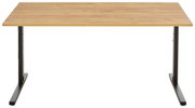 Moderner Schreibtisch mit Holzplatte und schwarzen Metallbeinen, Frontalansicht