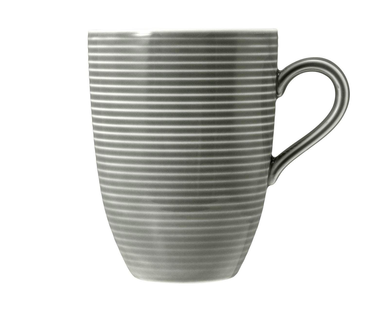 Grauer Kaffeebecher mit Henkel, 0,35l, Seitenansicht, gestreiftes Design