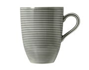 Grauer Kaffeebecher mit Henkel, 0,35l, Seitenansicht, gestreiftes Design