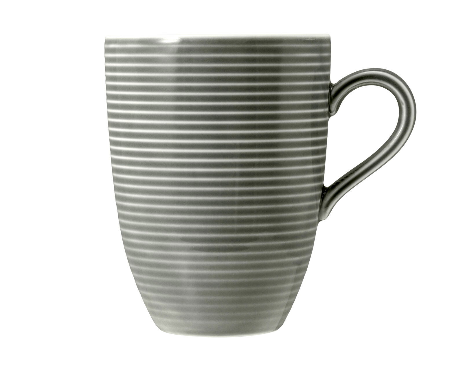 Grauer Kaffeebecher mit Henkel, 0,35l, Seitenansicht, gestreiftes Design