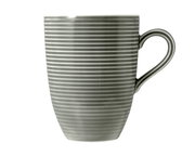 Grauer Kaffeebecher mit Henkel, 0,35l, Seitenansicht, gestreiftes Design