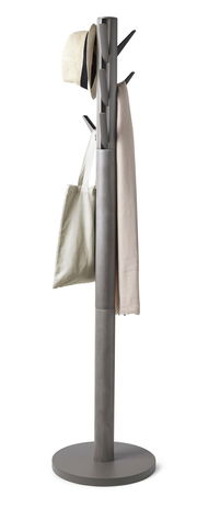 Moderner Garderobenständer aus Metall mit seitlicher Perspektive, behängt mit Hut, Tasche und Schal.