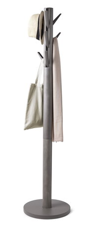 Moderner Garderobenständer aus Metall mit seitlicher Perspektive, behängt mit Hut, Tasche und Schal.