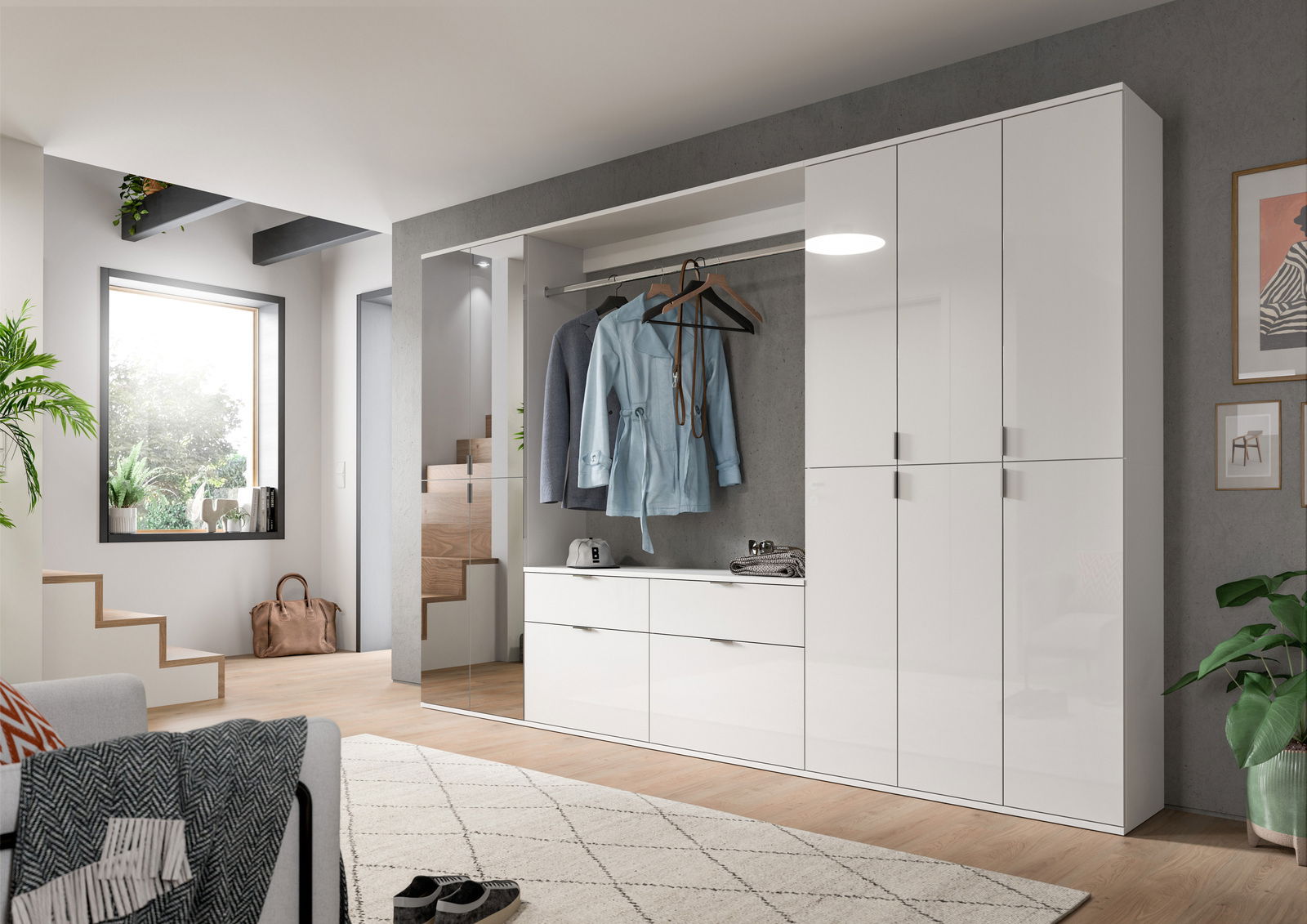 MID.YOU Garderobenkombination PROJEKT X Moderne Garderobenkombination in Weiß mit Hochglanzoberfläche, bestehend aus Schränken, Schubladen und einer Kleiderstange, frontal betrachtet.