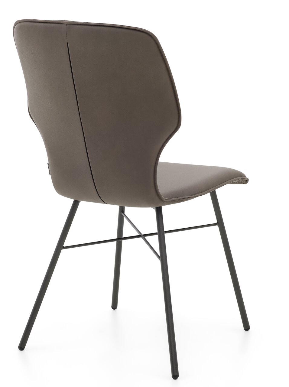 Rückansicht eines modernen Stuhls mit gepolsterter Rückenlehne und Metallbeinen