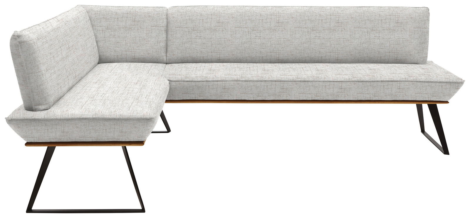 Voleo Eckbank 163x223 cm MALIBU Eckbank in L-Form mit hellgrauem Stoffbezug und schwarzen Metallbeinen, seitliche Perspektive