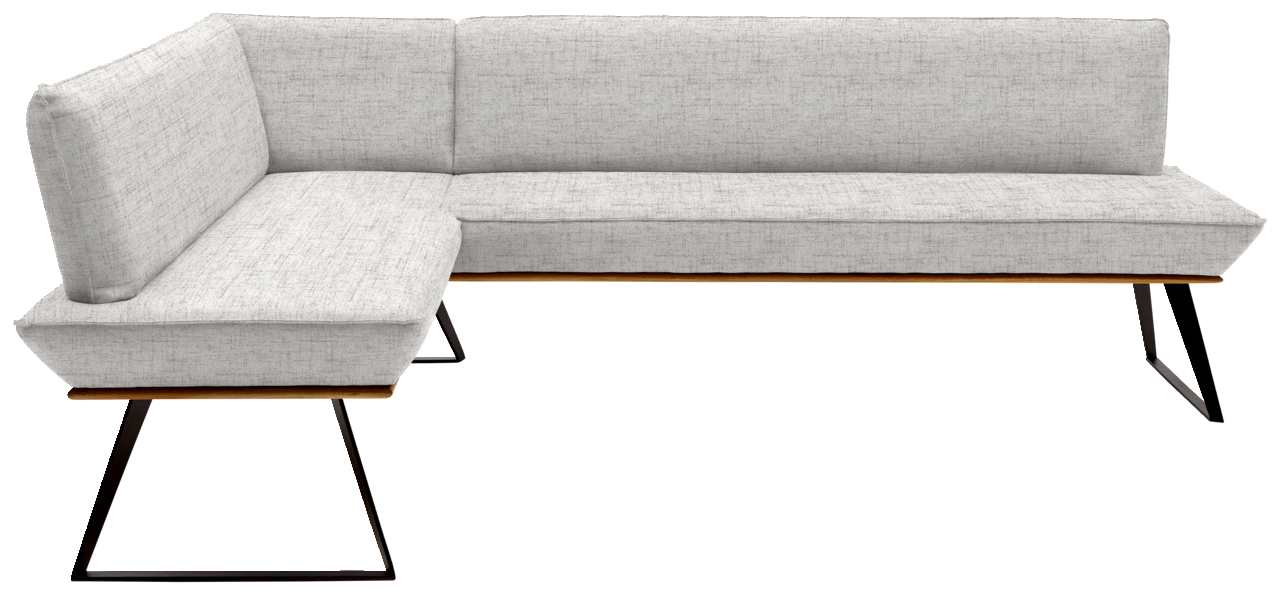 Voleo Eckbank 163x223 cm MALIBU Eckbank in L-Form mit hellgrauem Stoffbezug und schwarzen Metallbeinen, seitliche Perspektive