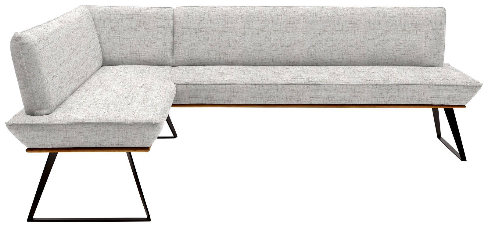 Voleo Eckbank 163x223 cm MALIBU Eckbank in L-Form mit hellgrauem Stoffbezug und schwarzen Metallbeinen, seitliche Perspektive