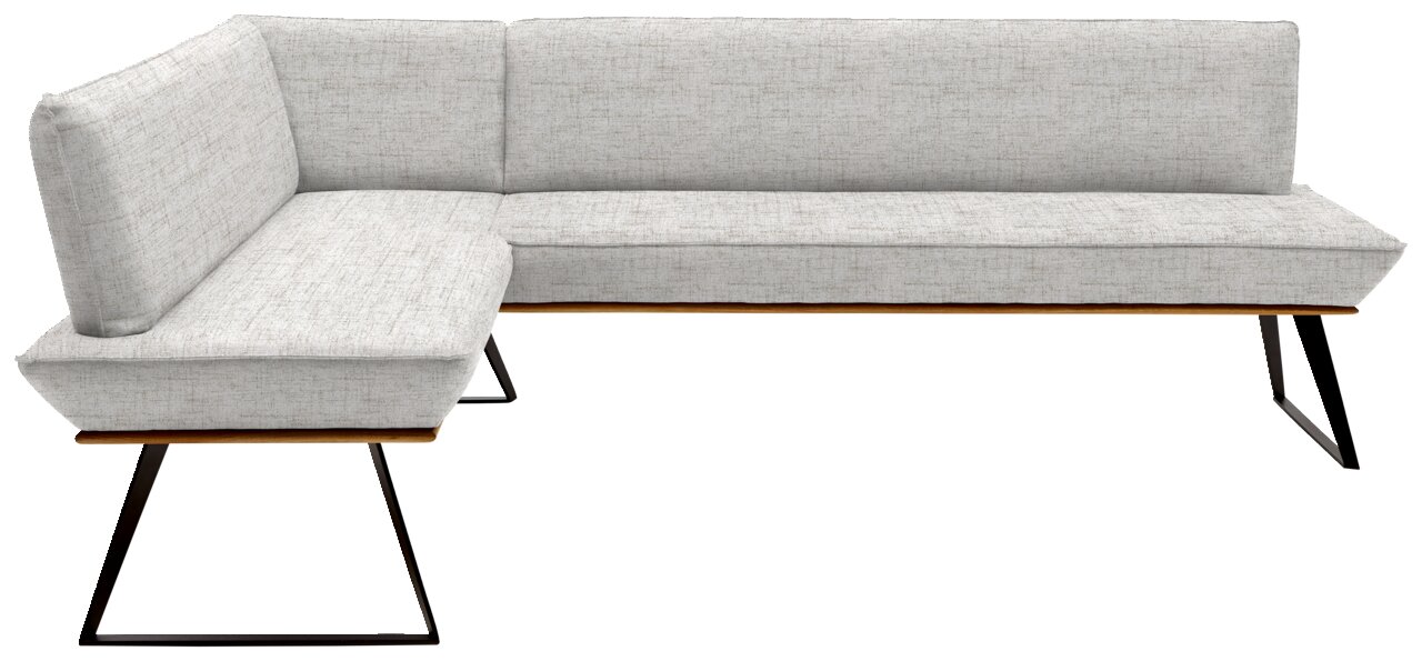 Voleo Eckbank 163x223 cm MALIBU Eckbank in L-Form mit hellgrauem Stoffbezug und schwarzen Metallbeinen, seitliche Perspektive