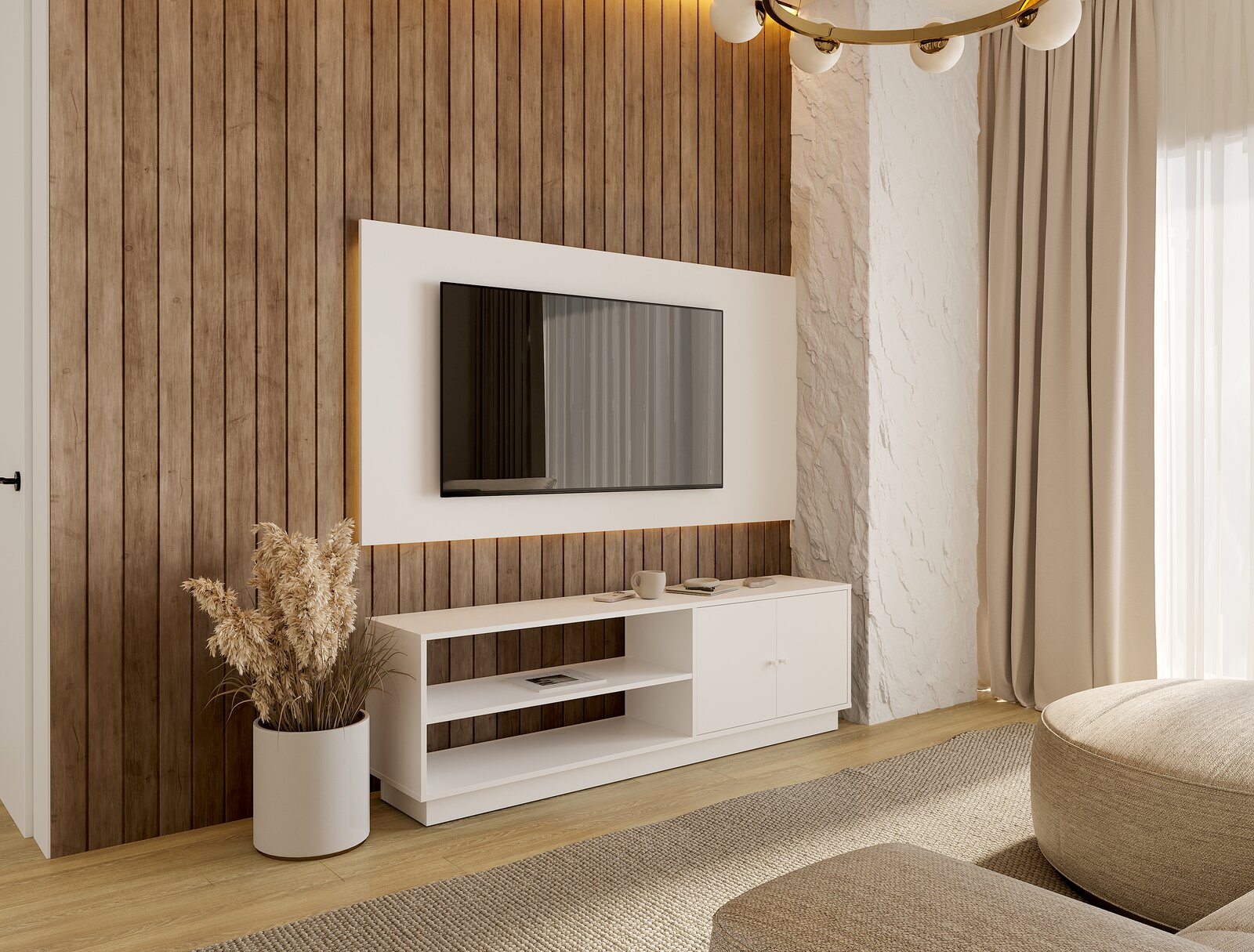 BOXXX TV-Lowboard MAJA Modernes weißes TV-Lowboard mit zwei offenen Fächern und zwei Türen, platziert in einem stilvollen Wohnzimmer mit Holzverkleidung und einem großen Fernseher an der Wand. Perspektive von schräg vorne.