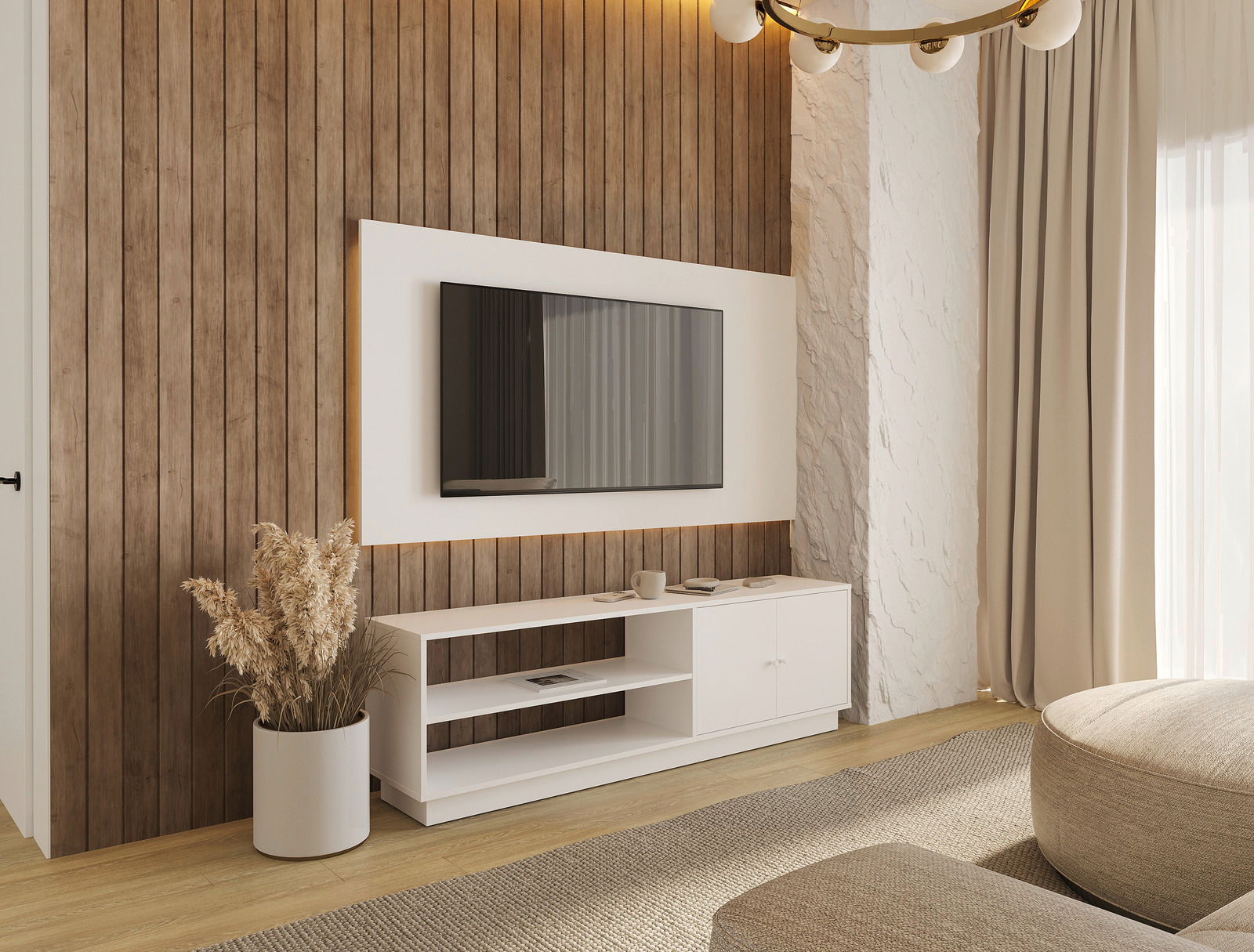 Modernes weißes TV-Lowboard mit zwei offenen Fächern und zwei Türen, platziert in einem stilvollen Wohnzimmer mit Holzverkleidung und einem großen Fernseher an der Wand. Perspektive von schräg vorne.