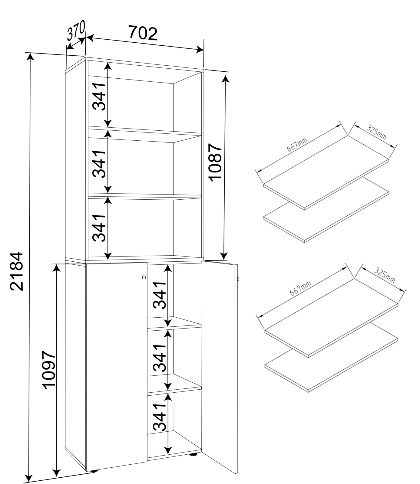 Technische Zeichnung eines hohen Aufbewahrungsschranks mit offenem Oberteil (3 Regalfächer) und geschlossenem Unterteil mit Tür und Innenregalen; Maße ca. 2184 mm hoch, 702 mm breit, 370 mm tief; Perspektive: isometrische Schrägansicht von vorne rechts.