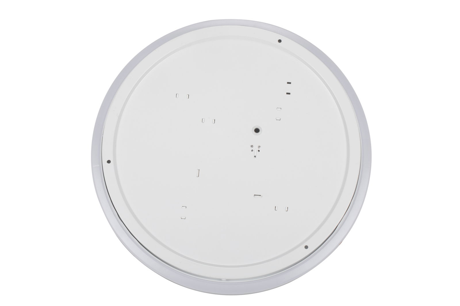 Novel LED-Deckenleuchte Runde LED-Deckenleuchte von unten betrachtet, weiße Oberfläche mit Befestigungspunkten.