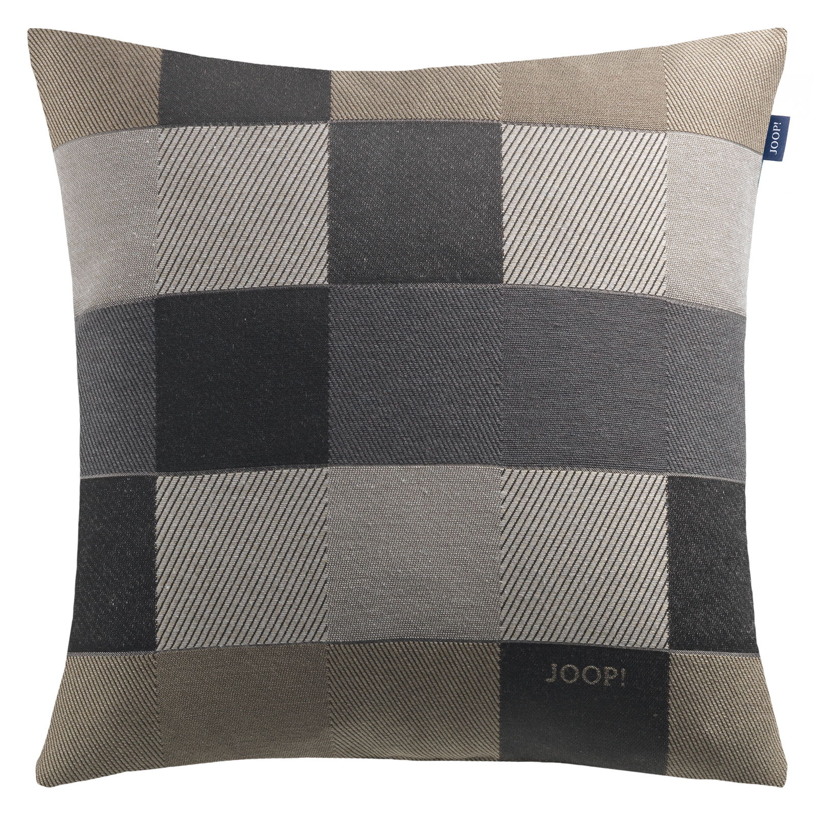 JOOP! J!Mosaic Zierkissenhülle in einem modernen Karomuster aus verschiedenen Grautönen, frontal abgebildet.